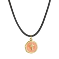 Cross pendant necklace with pink enamel and gold cross on a black woven cord - Orange