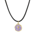 Round gold cross pendant with lavender texture on black cord necklace - Purple