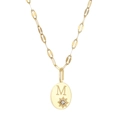 Golden oval pendant necklace with letter M and star-set crystal on link chain - Letter-M