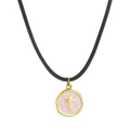 Religious cross pendant necklace with gold round frame and pink enamel on black cord - Pink