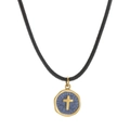 Religious cross pendant necklace with blue textured base and black cord strap - Blue