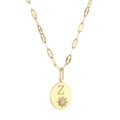 Gold oval letter Z pendant necklace with star motif and crystal on a long link chain - Letter-Z