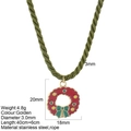 Stainless steel Christmas wreath necklace with red and green enamel on green rope cord - Donut Style(G25)