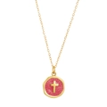 Pendentif croix en émail rose sur une chaîne en acier inoxydable plaqué or 14K - Rose rouge