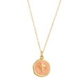 14K gold plated chain necklace with a coral enamel cross pendant on a round base - Orange