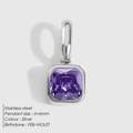 Square purple zircon birthstone pendant in polished silver stainless steel frame - Silver - February Dark Purple