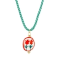 Muntgroene koordketting met een wit keramische hanger voorzien van rode tulpbloemen - Rode Stijl (G4)