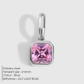 Pendente quadrato in acciaio argento con zircone rosa pietra portafortuna ottobre - Argento - Ottobre Rosa