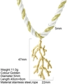 Handmade woven rope necklace with golden coral flower pendant and size dimensions - Seagrass