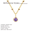 Golden stainless steel necklace with round violet gemstone pendant for February - February Violet - Gold