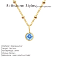 Golden stainless steel necklace featuring a light sapphire blue birthstone pendant - March Light Blue - Gold