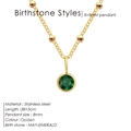 Gold stainless steel necklace with round 8mm green May Emerald birthstone pendant - May Green - Gold