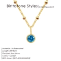 Gold stainless steel beaded necklace with 8mm December aquamarine gemstone pendant - December Lake Blue - Gold