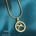 Golden Aries zodiac necklace with white zircon pavé on a circular pendant and snake chain - Aries