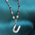 Silver letter U pendant necklace with sunburst texture and elegant wave chain - Letter U / Silver