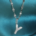 Silver letter Y pendant necklace with sunburst texture and fine water wave chain - Letter Y / Silver