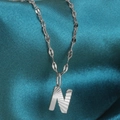Silver stainless steel necklace featuring letter N pendant with sunburst texture - Letter N / Silver