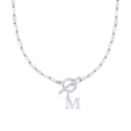 Collar de cadena de clip plateado con colgante de letra M y cierre de barra en T - Letra M / Plateado