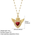 Detail view of red enamel heart wing pendant with CZ stones and product dimensions - Red Heart Gold Wings (NK008G2AC23081G7)