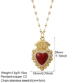 Detail view of red heart pendant necklace with size labels and stainless steel chain - Red Enamel Radiant Pattern (NK008G2AC23081G10)