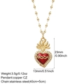 Detail of red enamel heart pendant with cubic zirconia on a gold stainless steel chain - Red Sacred Heart Thorns Flame (NK008G2AC23081G14)