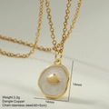 Detail of enamel shell pendant on a gold stainless steel chain necklace for women - Pink Irregular Shell Round Pendant (MFNK032G8)