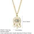 Macro view of evil eye pendant with blue enamel and heart charms on a stainless chain - Evil Eye Three Heart Pendant (NK066goldAC210268G5)