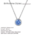Silver stainless steel necklace with round light sapphire blue birthstone pendant - March Light Blue - Silver