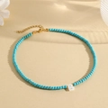 Blue turquoise beaded necklace with white shell letter B pendant and gold lobster clasp - B (SHNK2435)