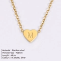 14K gold plated stainless steel heart necklace featuring letter M engraved pendant - M
