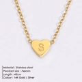 Minimalist stainless steel heart pendant necklace with letter S in 14K gold finish - S