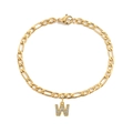 Gouden Figaro-kettingarmband met kristal ingelegde letter W hanger en een karabijnsluiting - Figaro Armband W