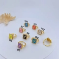 Adjustable colorful enamel rings with purple zircon inlay and gold plated metal - Rectangle Enamel Symbol Open Style (95)