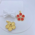 Gold-plated floral pendant with red enamel inlay and zircon micro-paving on stone platform - Five-Petal Flower Pave Pendant (#4) / Red (Enamel/Stone)
