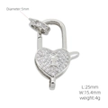Macro detail of heart padlock clasp with micro-pave cubic zirconia and dimensions - Heart Silver (#8)