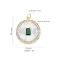 Detail of 18K gold plated pendant with green gem, white shell inlay and zircon border - Round Emerald Gemstone Shell Pendant (#7)