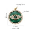 Detailed view of 18K gold malachite evil eye pendant with crystal inlay and dimensions - Round Malachite Evil Eye Pendant (#11)