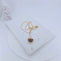 Detail of gold-plated necklace with a heart-shaped purple zircon pendant and fine box chain - Necklace Only (Without Earrings) (Purple)