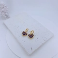 Detail of gold hoop earrings with purple heart-shaped crystals and sparkling zircon accents - Earrings Only (Without Necklace) (Purple)