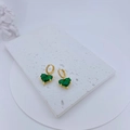 Detail of gold-plated hoop earrings featuring deep green heart-shaped gemstones - Earrings Only (Without Necklace) (Green)