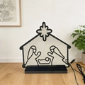 Lampada neon LED Presepe silhouette con cavo USB su pavimento in legno minimalista - Scena della Natività (SD0083)