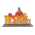 Blessed Thanksgiving wooden centerpiece with cartoon turkey, pumpkin and maple leaf elements - Blessed Style (1939-C)