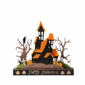 Halloween Holzdeko Geisterhaus mit Kürbissen und Happy Halloween Schriftzug - Spukgeisterhaus-Stil