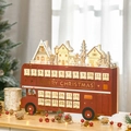 Calendrier de l'Avent bus en bois rouge avec village LED et 24 tiroirs de rangement - Style Bus Impériale Rouge (YG-1575)