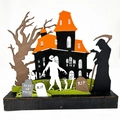 Decorazione di Halloween in legno con mietitore, casa stregata e lapidi da tavolo - Ornamento Mietitore Casa Stregata