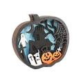 Luce LED in legno a forma di zucca per Halloween con intaglio di casa stregata - Casa Stregata