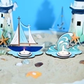 Porte-bougie nautique méditerranéen en bois avec voilier et vagues sur sable de plage - Bougeoir Vague