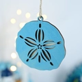 Blue wooden sand dollar hanging decoration with laser-cut star pattern and jute rope - Scallop
