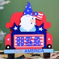 Detail of wooden 4th of July car decor with USA gnome and God Bless America text - 18x19.5x2.5cm / Red Truck-Gnome