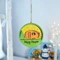 Detail of wooden Happy Camper wall hanging featuring a 3D layered camping van and trees - Camper